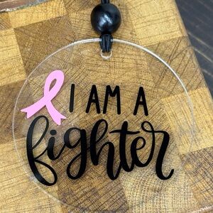 Pink Ribbon 'I Am a Fighter' Acrylic Rear View Mirror Charm or Ornament